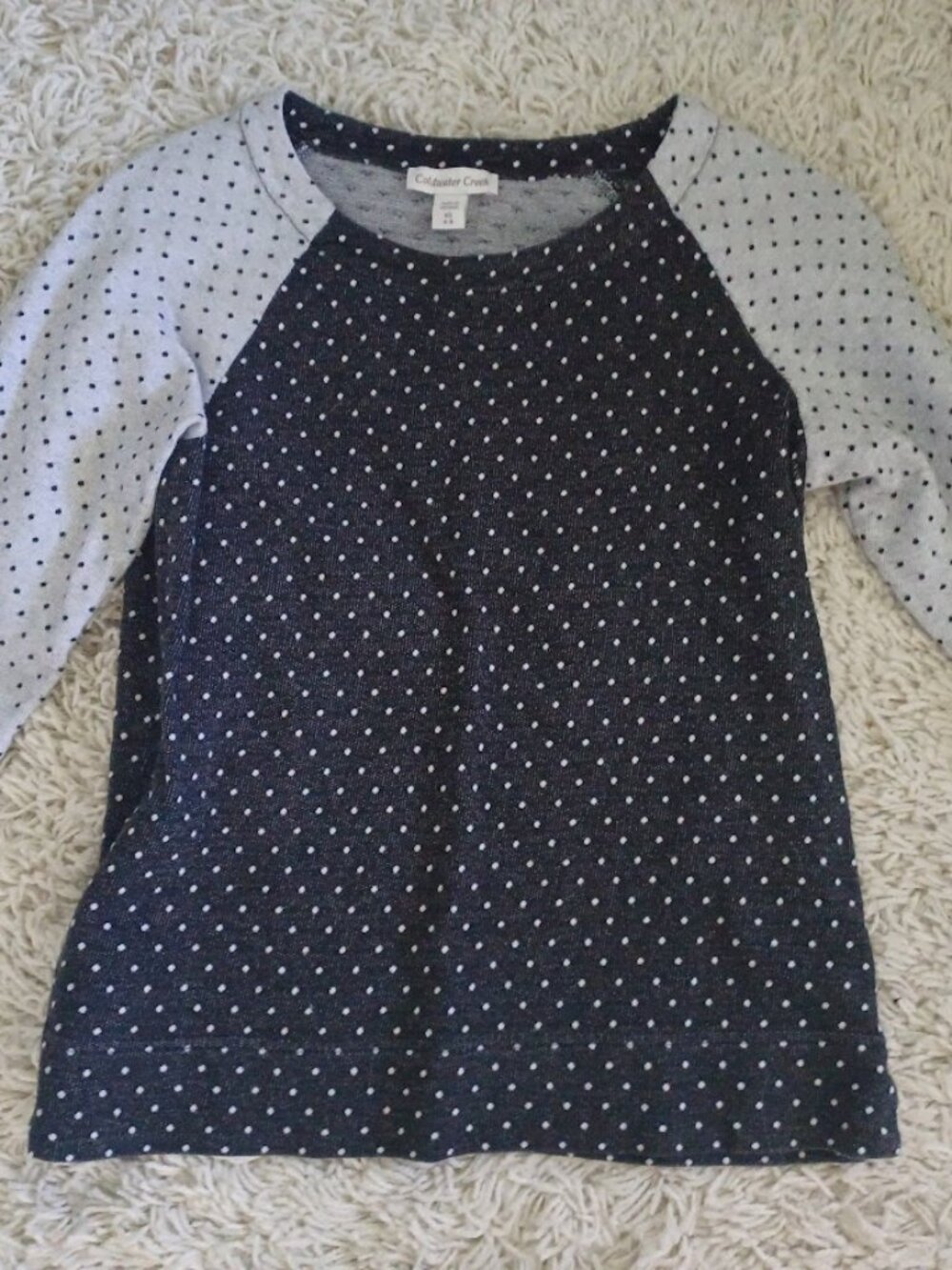 Coldwater Creek XS 4-6 Black Gray Polka Dot 100% Cotton Raglan Sweatshirt